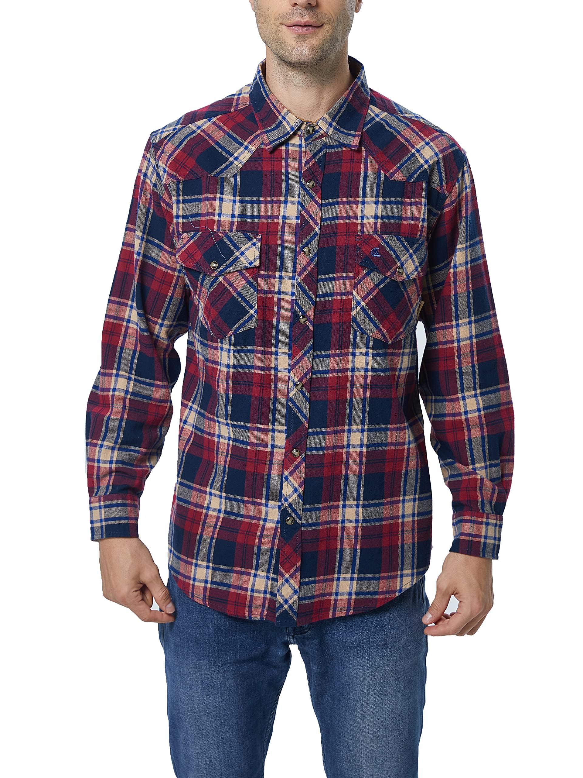 Chemise Flanelle Homme à Manches Longues, Style bûcheron à Carreaux, Boutons Pression, en Coton avec Poche, Coupe régulière décontractée