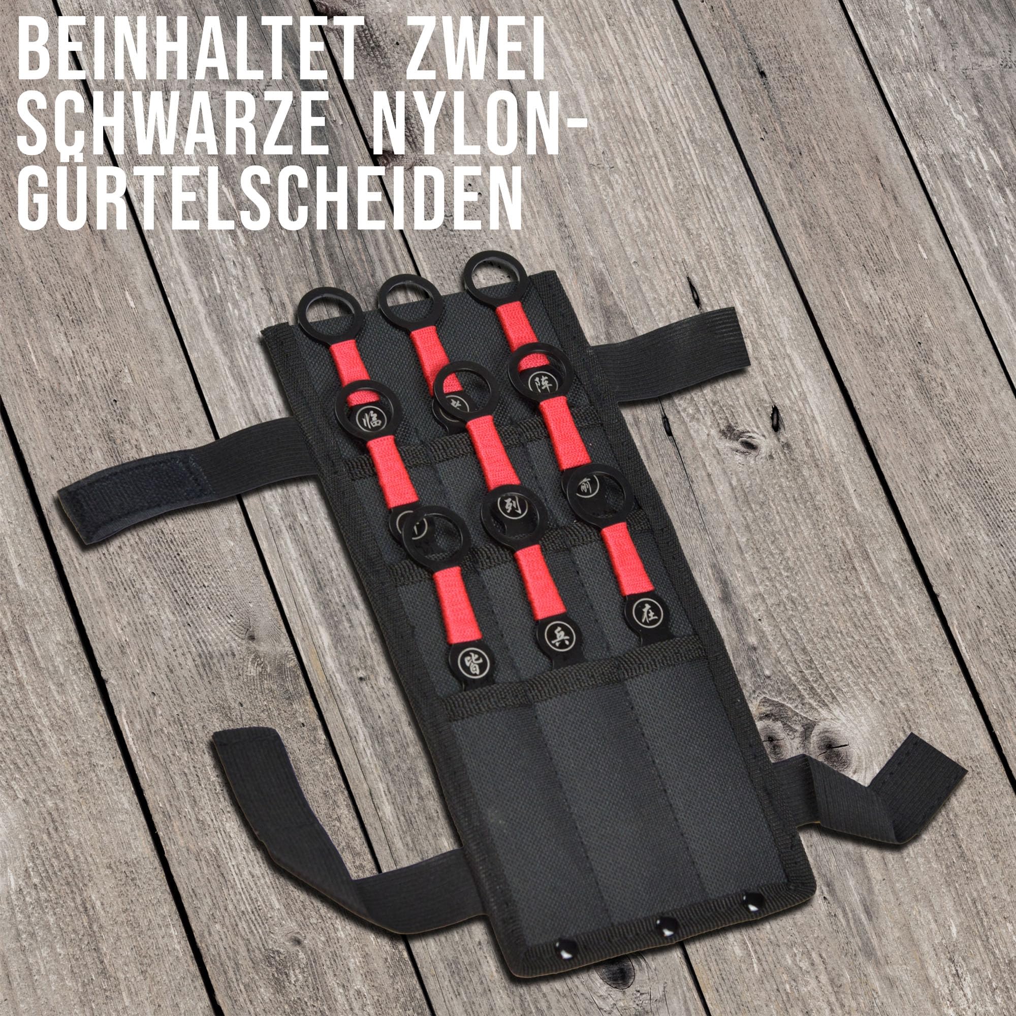 Swords and more 9-teiliges Outdoor-Messer-Set aus Edelstahl mit Zielscheibe – kompakte Campingmesser mit Gürtelscheide und rutschfestem Griff – Ideal für Outdoor, Camping & Cosplay – Schwarz