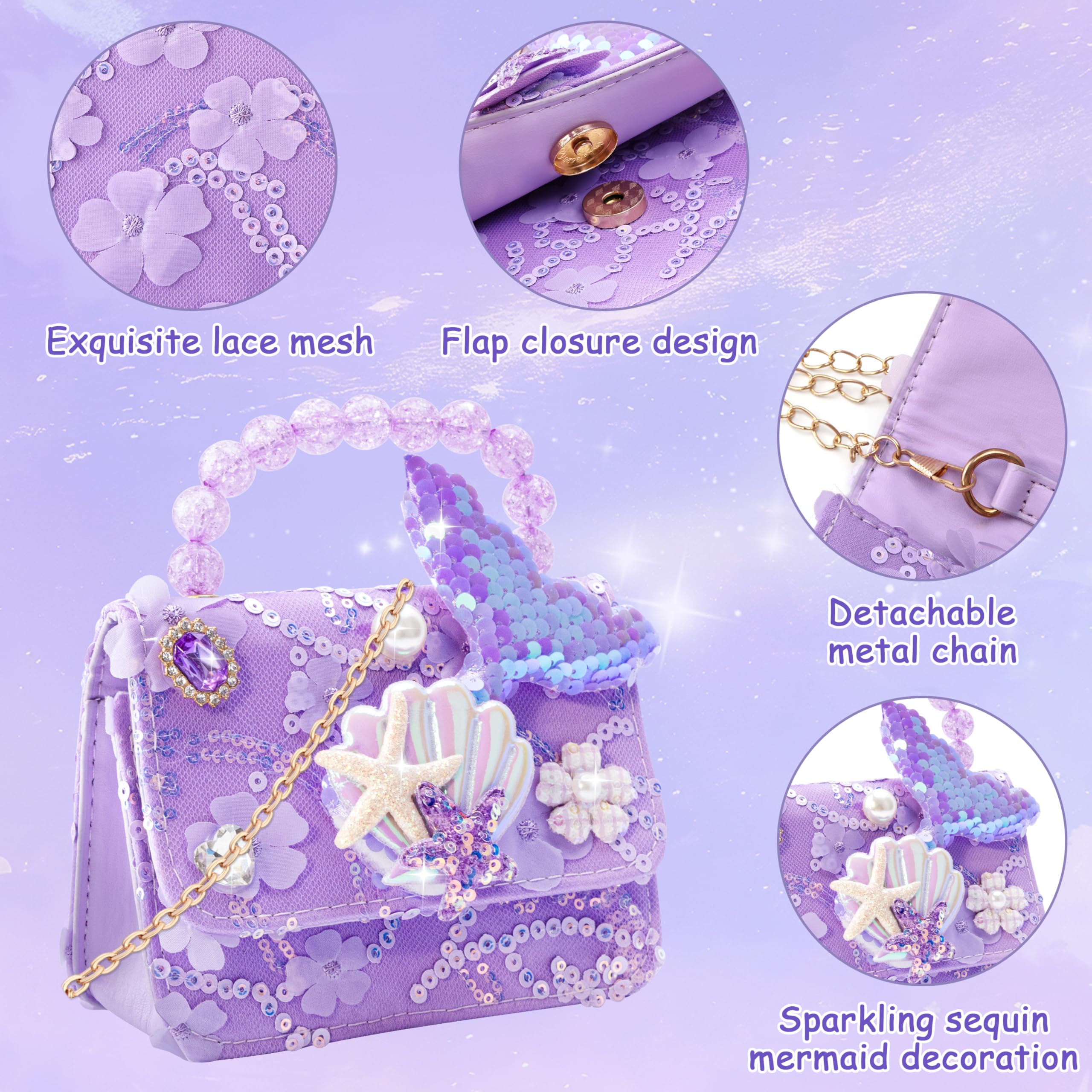 Little Girls Handbag Mermaid Theme Crossbody Bag Purse with Kids Dress Up Jewelry Set Necklace Earring Bracelet Ring Mini Flip Wallet Bag Set Dress Up Party Favors for Little Girls, 3-7 Years Old - Image 2