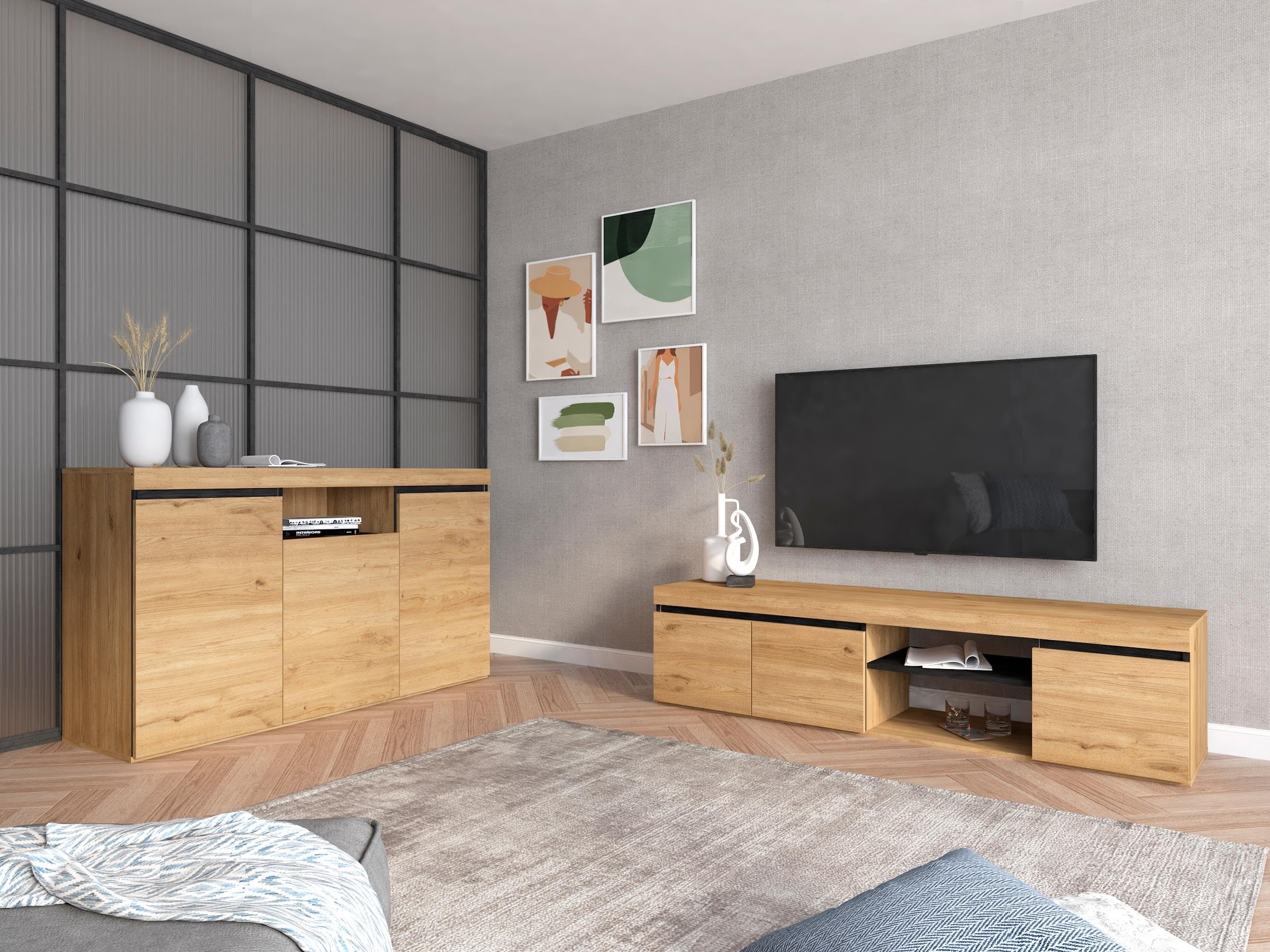 Skraut Home - Mobile TV - Modello Naturale - 160 x 40 x 41 cm - Mobile Ausiliario 3 Ante e 1 Ripiano Centrale - Stile Nordico - Melaminico - Rovere e Nero
