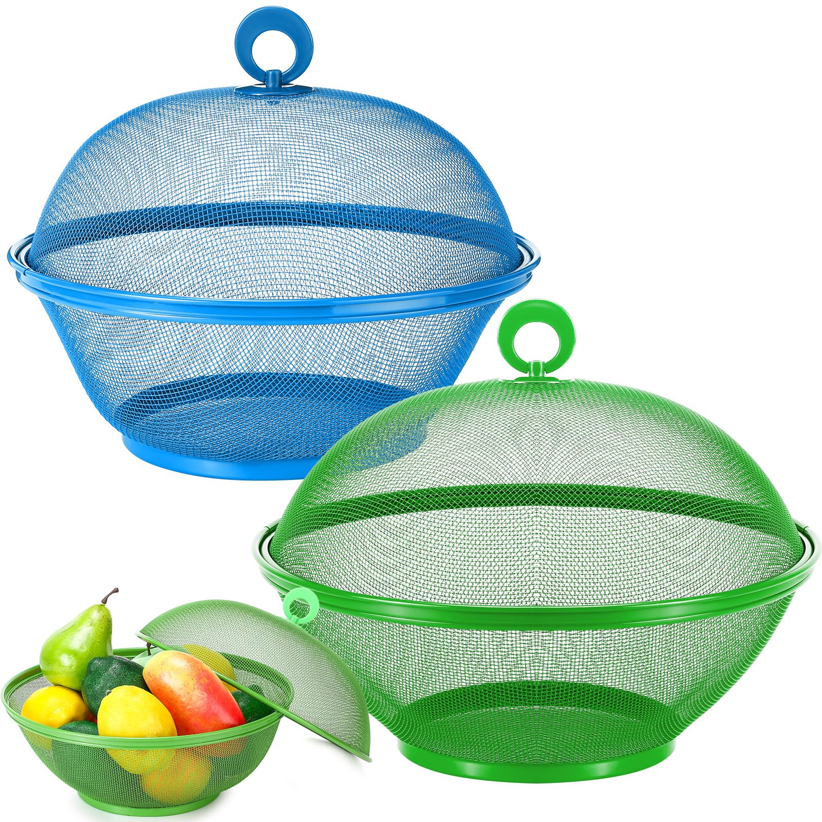 Hicarer 2 Pcs Summer Mesh Fruit Basket with Lid Fruit Cover Protective Countertop Wire Bowl Metal Vegetable Strainer Kitchen Accessories for Kitchen Food Vegetable(Green, Blue)
