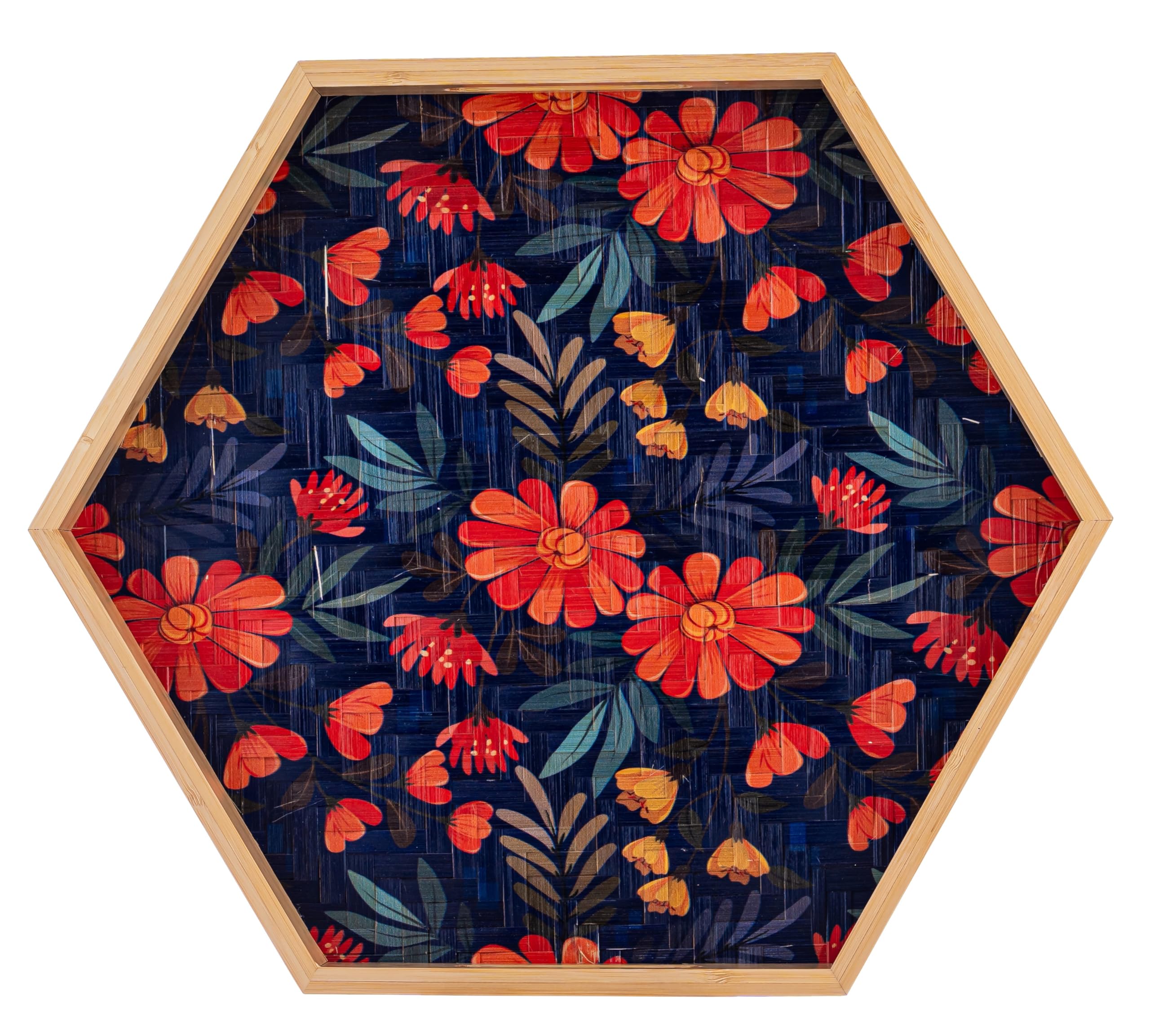 PEMAR 15.7" Hexagonal Bamboo Tray for Serving Coffee, Breakfast, Bread, Food, Art Decor. Decorative Pattern Tray for Coffee Table, Kitchen Counter, Vanity, Bedroom, Ottoman, Home Decor (Flowers)