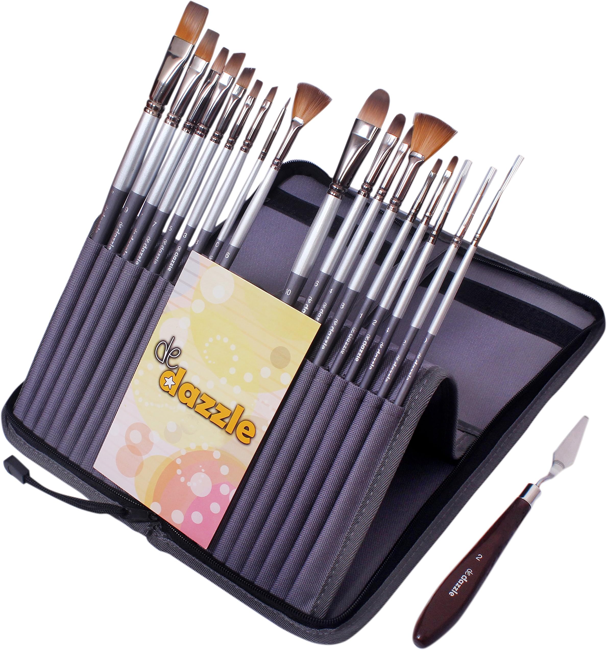 De Dazzle 18 Premium Paint Brushes with Palette Knife and Pop-up Stand Carry Case. 9.5" Long Handles Perfect for Acrylic, Oil, Watercolor, Gouache & Face Painting