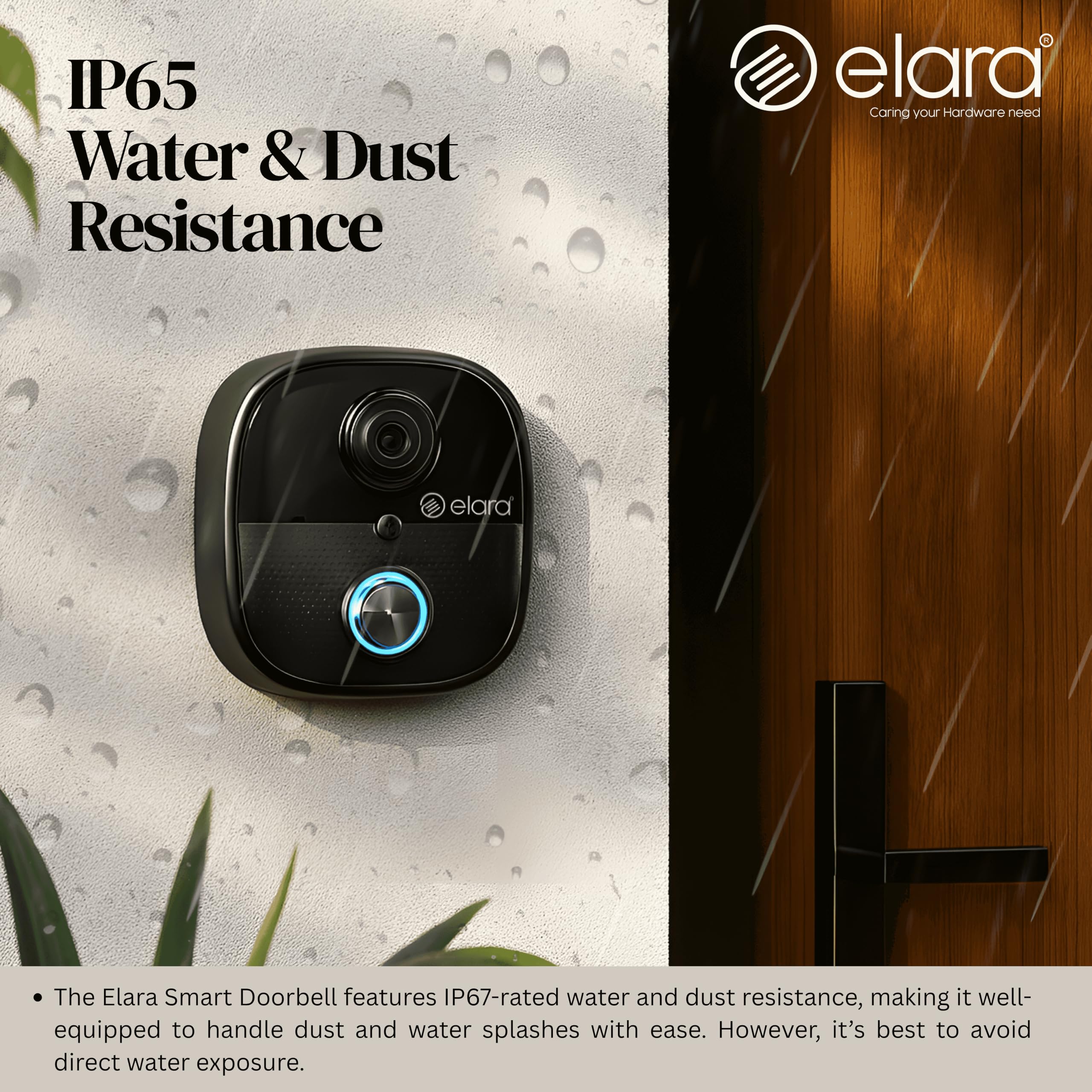 Elara Smart Video Doorbell 2K, 1080p HD Camera, Night Vision, IP65 Water-Resistant, Live Streaming, Plug and Play Chime WiFi, Dual Power Options, PIR Sensor 1