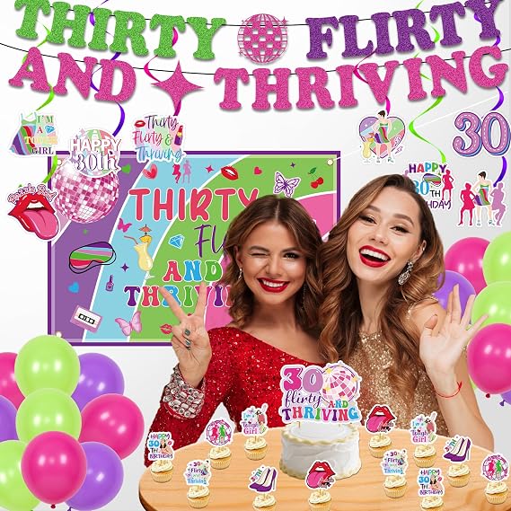 Thirty Flirty And Thriving Decorations - 42 Pcs Thirty Themed Birthday Banners Hanging Swirls Cake Cupcake Toppers Backdrop For Women Talk Thirty To Me 30th Birthday Party Decor Supplies