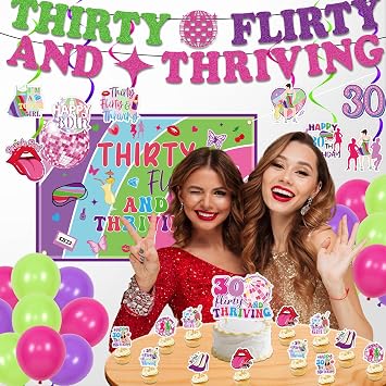 Thirty Flirty And Thriving Decorations - 42 Pcs Thirty Themed Birthday Banners Hanging Swirls Cake Cupcake Toppers Backdrop For Women Talk Thirty To Me 30th Birthday Party Decor Supplies