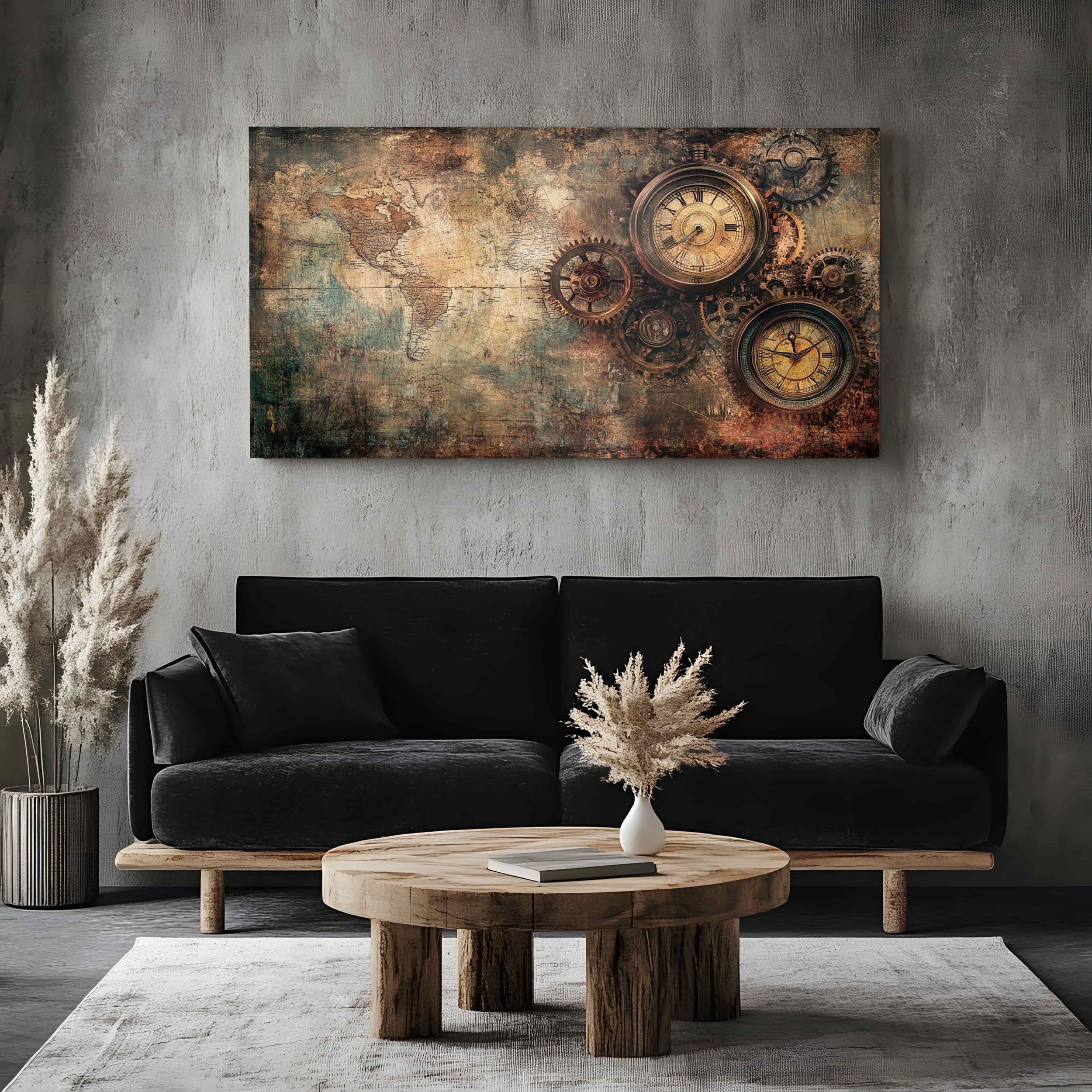 ZORYAN Bilder für die Wand Steampunk Mechanische Leinwandbilder Groß für | Schlafzimmer Nostalgische Karte Wandbild für Wohnzimmer, XXL Kunstdruck auf Leinwand Retro Uhr 80x160cm Wanddeko Kunst