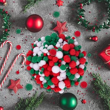 BQTQ 1200 Pcs Christmas Pom Poms Fluffy Glitter Balls(White, Green, Red)