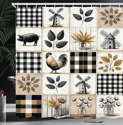 Miniatura 26 de Ambesonne - Cortina de ducha hippie, flores de aspecto de margaritas en ondas groovies abstractas estilo retro de los años 60 y 70, juego de Azul