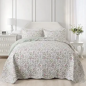 NEWLAKE Quilt Bedspread Sets - Blooming Classic Floral Pattern Reversible Coverlet Set, Queen Size