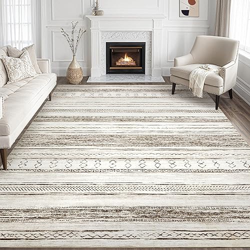 Tortania Area Rug Living Room Rugs - 9x12 Washable Large Soft Neutral Boho Moroccan Bohemian Farmhouse Rug Indoor Floor Carpet for Bedroom Under Dining Table Home Office Decor - Cream Brown