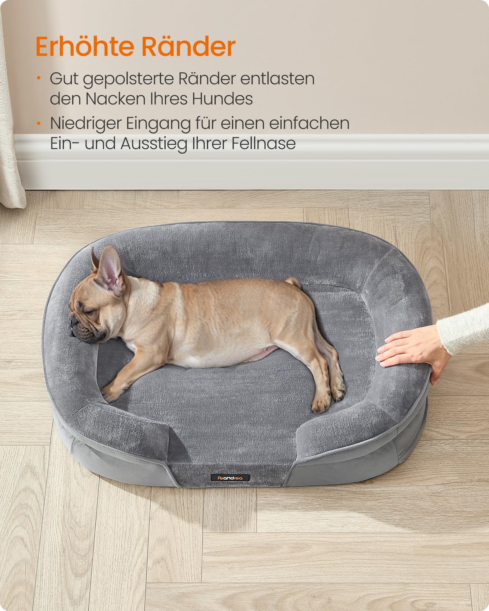 Feandrea Hundebett, Hundekissen, für mittelgroße Hunde, 76 x 51 x 18 cm, orthopädisch, wasserdichte Innenschicht, erhöhte Ränder, Abnehmbarer, waschbarer Bezug, rutschfest, hellgrau PGW281G01