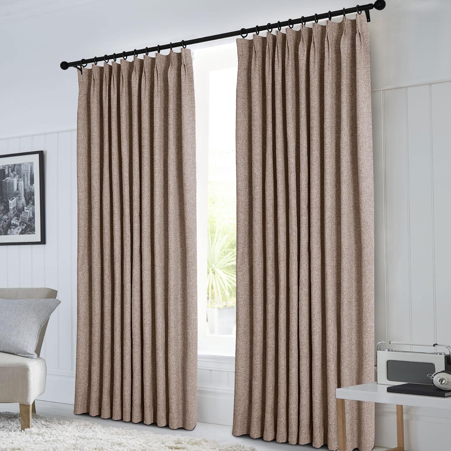 Macochico Pinch Pleated Full Blackout Curtains for Bedroom Living Room Taupe Linen Curtains Thermal Insulated and Noise Reducing Window Panels with Tieback Shabby Chic Decor 84”Wx84”L 1 Panel