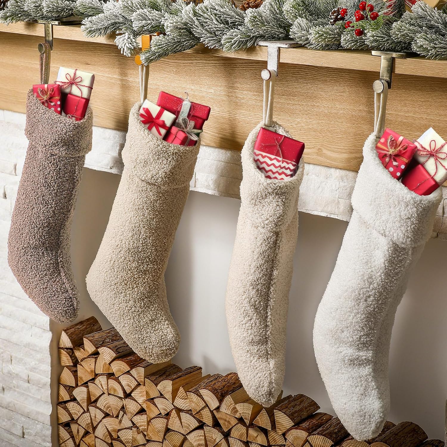 Neutral Christmas Stockings 4 Pcs 18 Inch Large Plush Beige Brown Stocking Faux Lambswool Xmas Hanging Decor for Holiday Christmas Party Family Fireplace Decoration(2 Colors) - Image 2