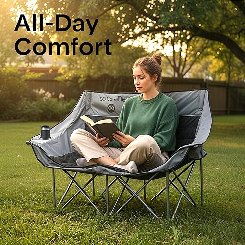 Miniatura 6 de SereneLife Silla doble de camping con portavasos y soportes para copas de vino, cómodo asiento al aire libre, tela impermeable, diseño portátil y