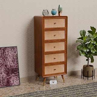 Tall Wooden Chest of Drawers | Multipurpose Console Dresser with 5-Compartment Storage Cabinet with Rattan Cane Design for Bedroom, Living Room & Office | Solid Sheesham Wood