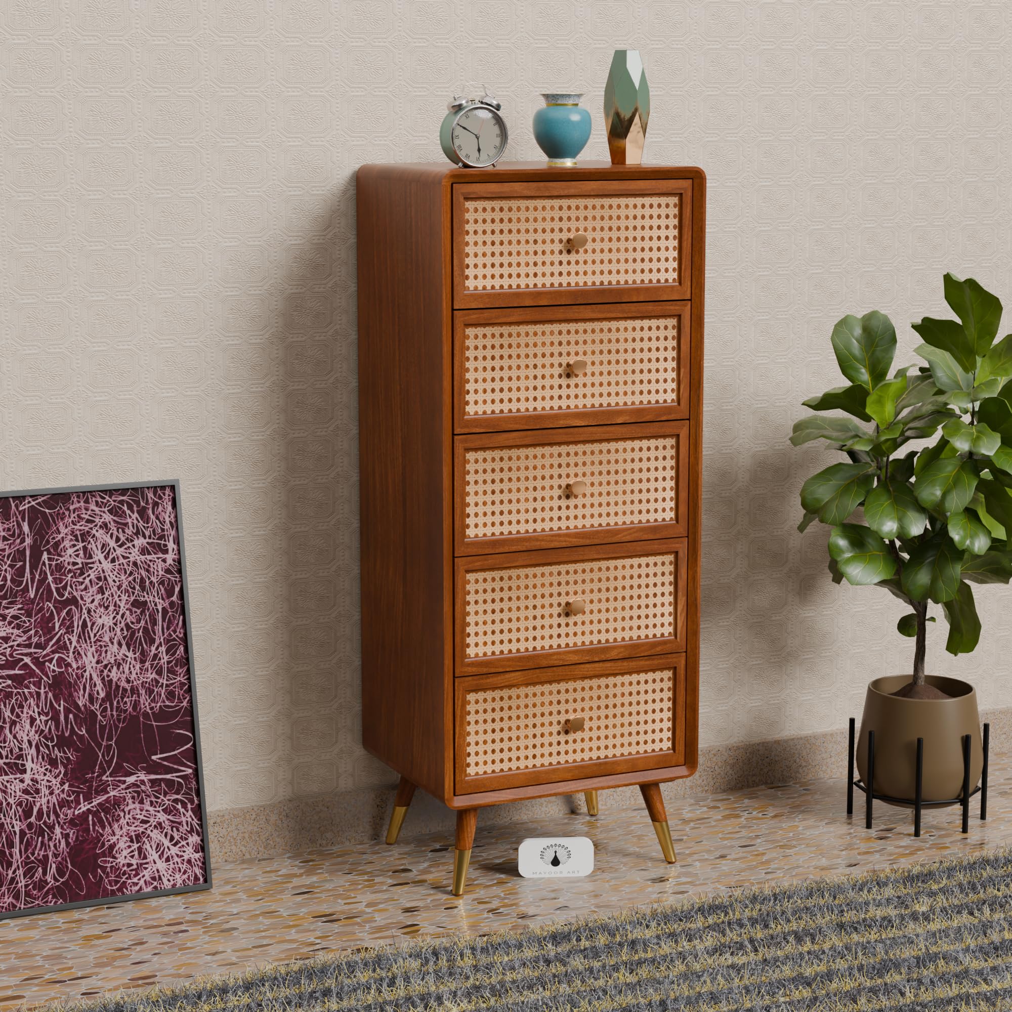 MAYOOR ART Tall Wooden Chest of Drawers | Multipurpose Console Dresser with 5-Compartment Storage Cabinet with Rattan Cane Design for Bedroom, Living Room & Office | Solid Sheesham Wood-picture-41