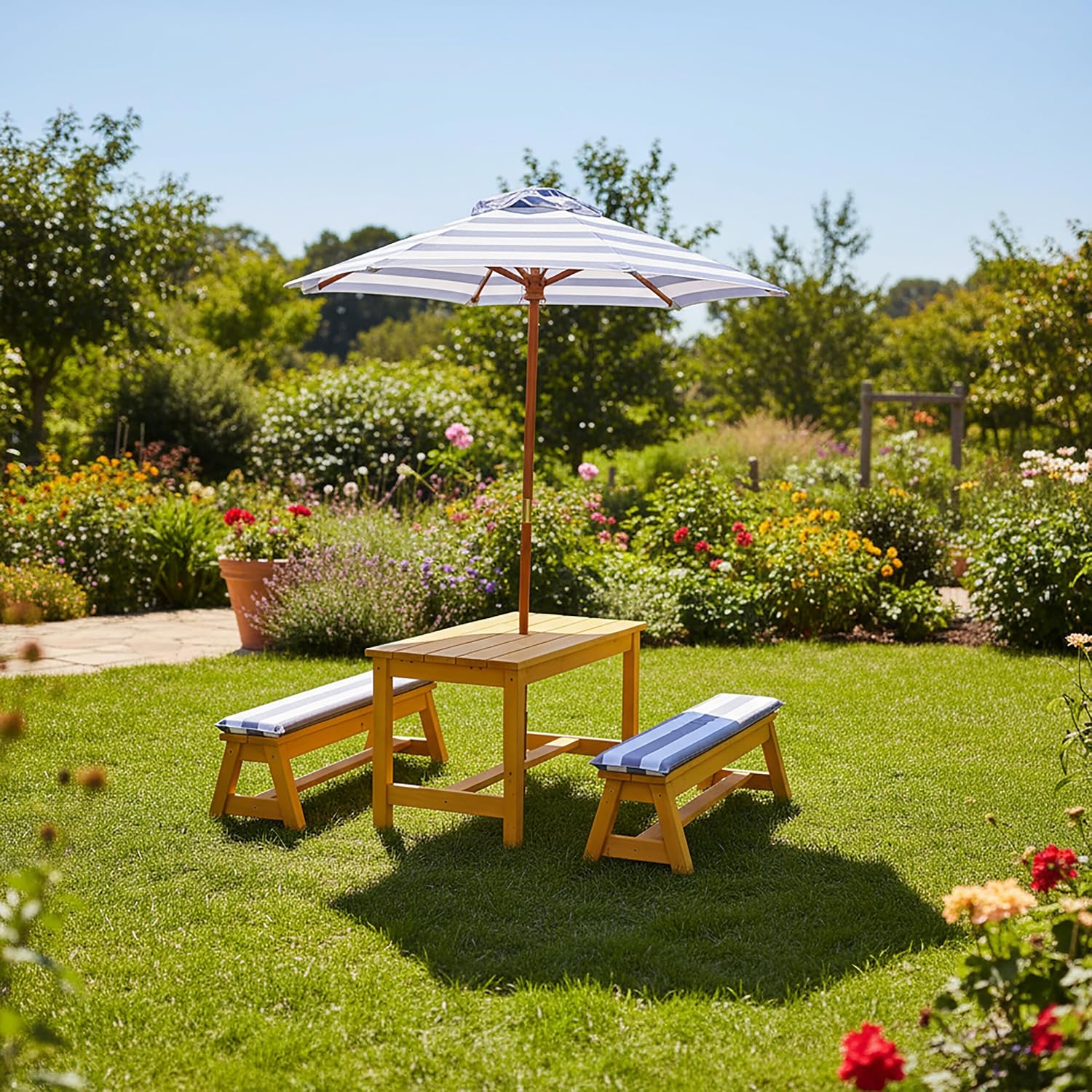 Relaxdays children's garden picnic set with parasol & cushions, pine, natural