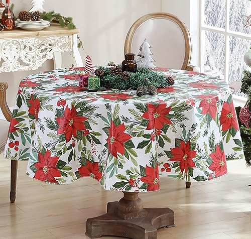 Miniatura 10 de Newbridge Poinsettia Flourish - Mantel de vinilo contemporáneo de Navidad con parte trasera de franela, mantel de vinilo navideño de flor de pascua