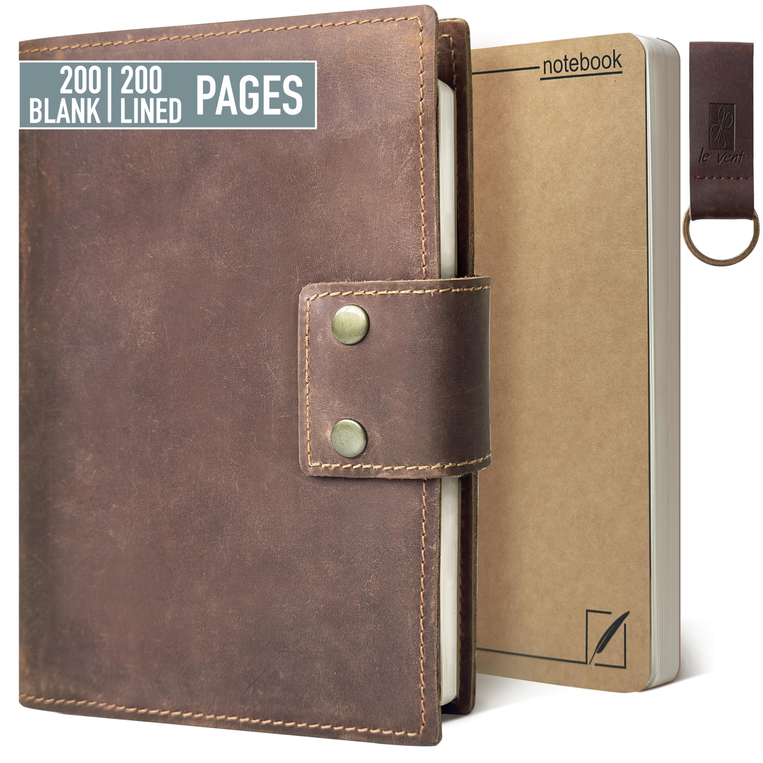 Albero Genuine Leather Refillable Journal for Men & Women - 5x8 Vintage Brown Handmade Leather Cover, 200+200 Lined & Unlined Pages (100gsm) - A5 Notebook Travel, Engineering, Executive & Writers Use