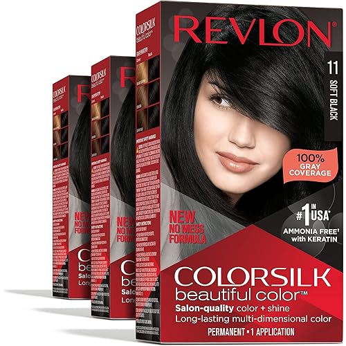 Revlon Permanent Hair Color, Permanent Hair Dye, Colorsilk with 100% Gray Coverage, Ammonia-Free, Keratin and Amino Acids, 11 Soft Black, 4.4 Oz (Pack of 3)