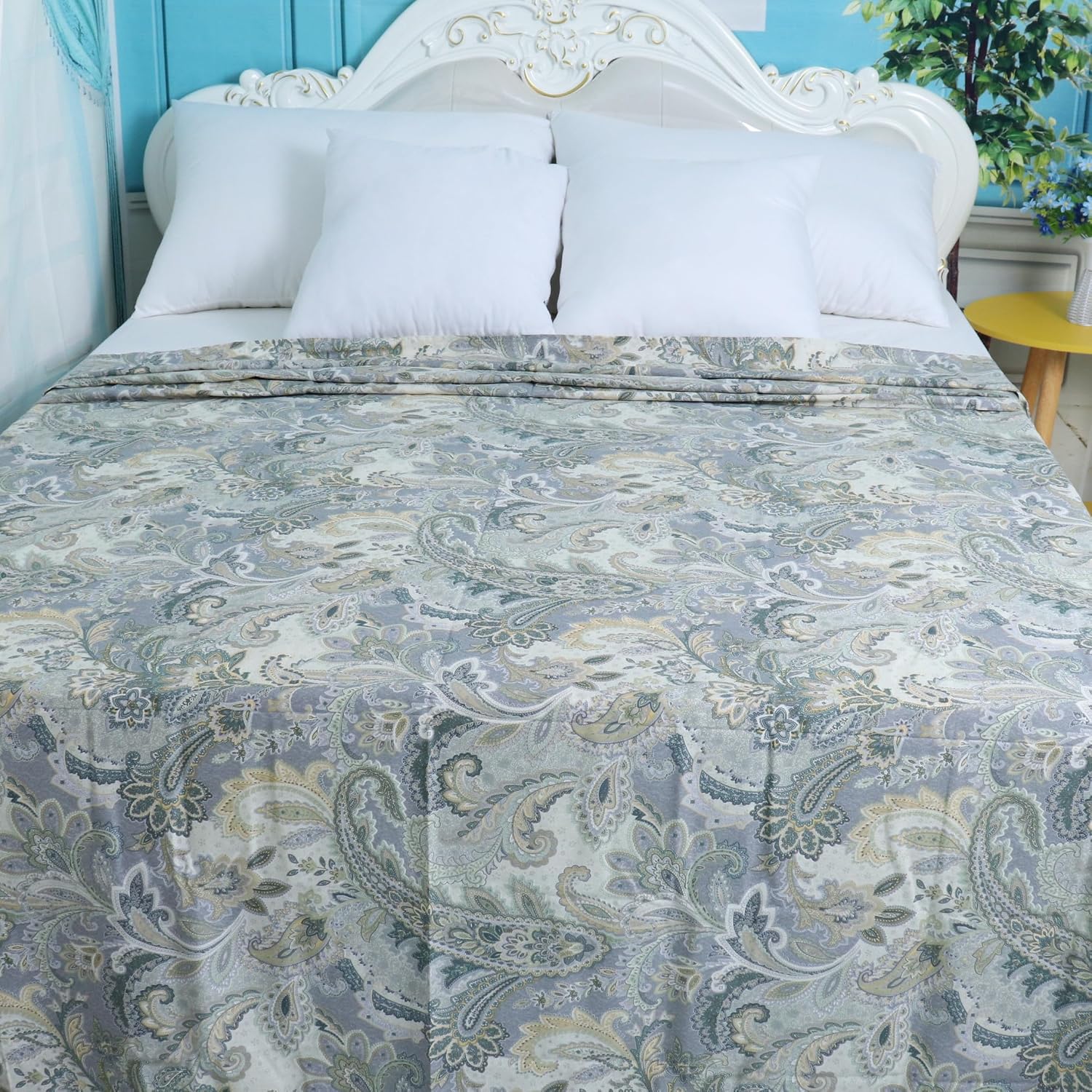 Grey Paisley Flat Bed Sheets Twin Size, 100% Cotton 400 Thread Count Bedding Set