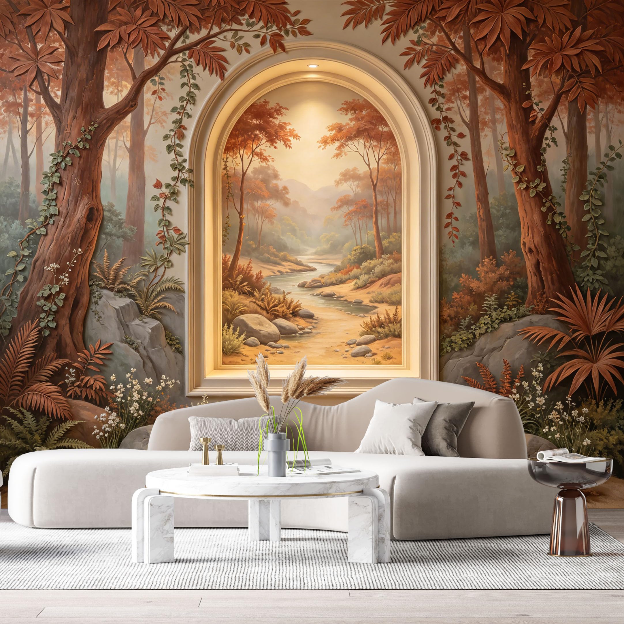 Custom Size Wall Murals Sunset Forest River Landscape Oil Painting 3D Trompe L'Oeil SelfAdhesiveWall Fabric Removable Wallpaper Wall Decor for Living Room Bedroom Bathroom