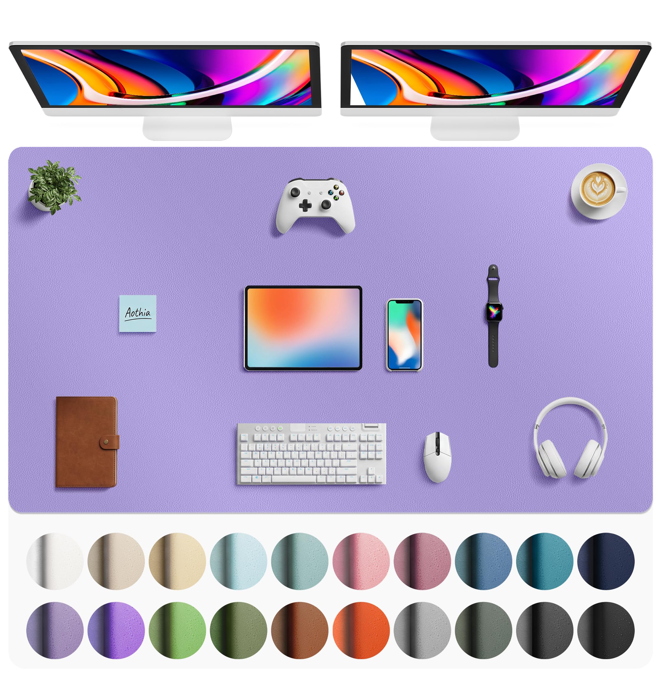 Aothia Faux Leather Desk Mat Mouse Pad, 63" x 24", Light Purple