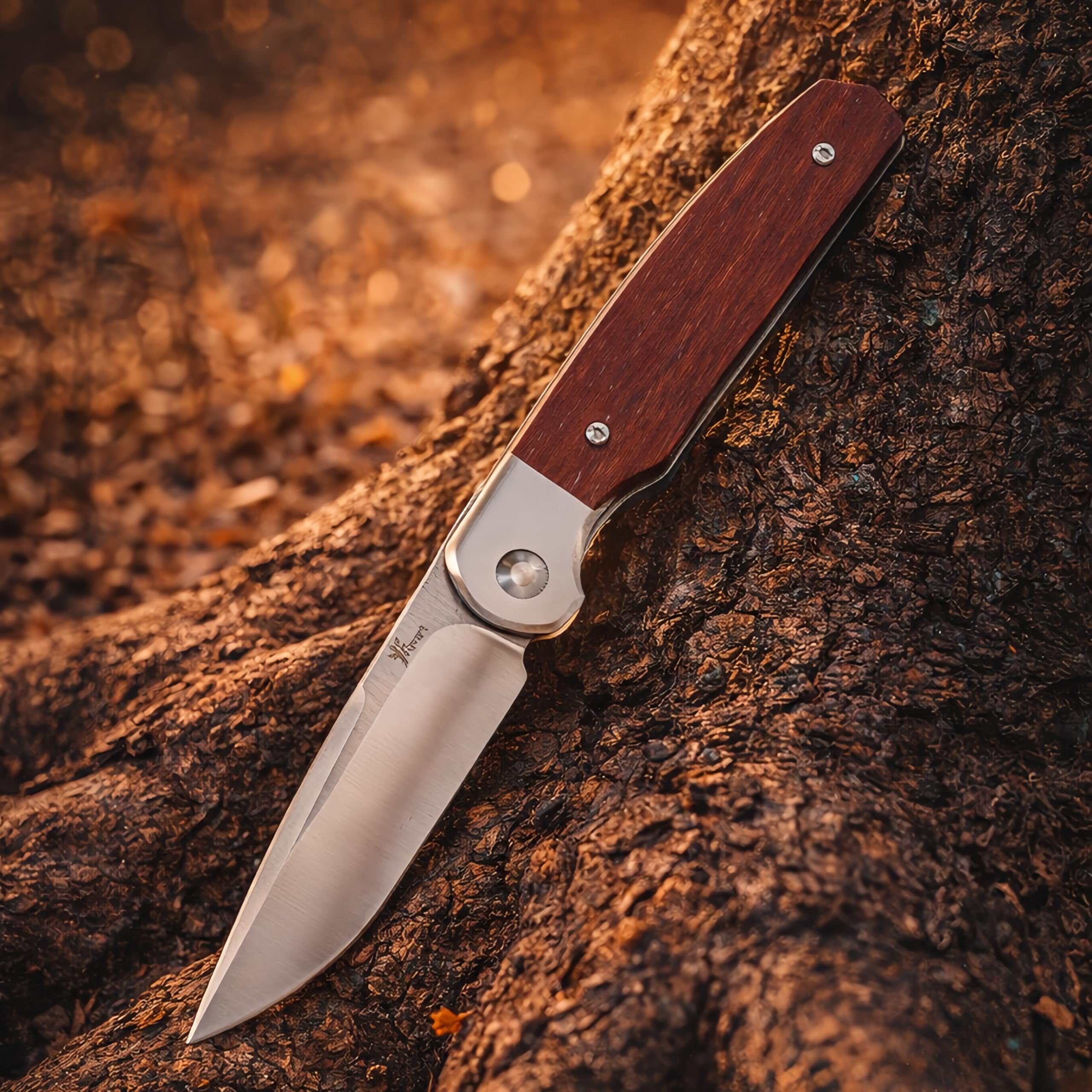 Coltellino tascabile piccolo - Lama D2, impugnatura in legno, clip tascabile profonda - Ideale per campeggio, escursionismo, EDC (Mini)