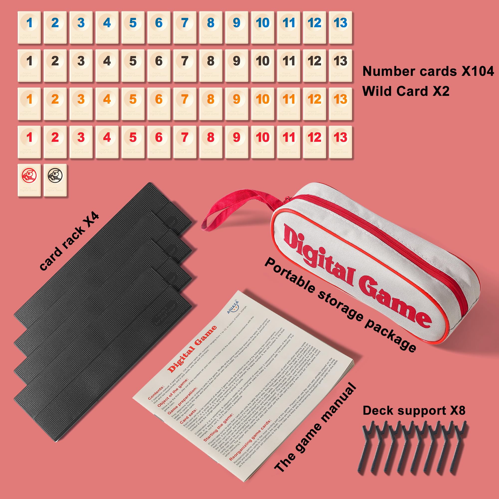 AIUAZA Juego de Rummy Cube con bolsa portátil, mini juego de Rummy Cube para adultos y niños, 106 fichas, soporte de juego, set de viaje con 4 portafichas para juegos de mesa clásicos familiares