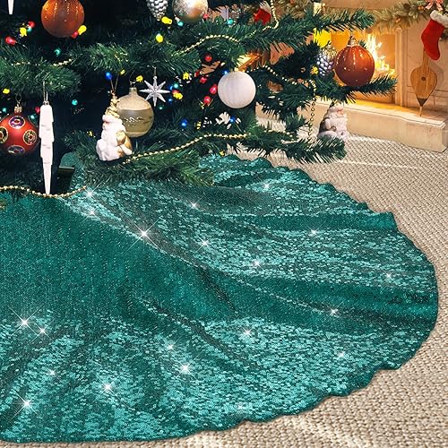 Miniatura 16 de Poise3EHome Falda de árbol de Navidad plateada, tapete de árbol de Navidad de lentejuelas de 50 pulgadas para decoraciones de árbol de Navidad de 9