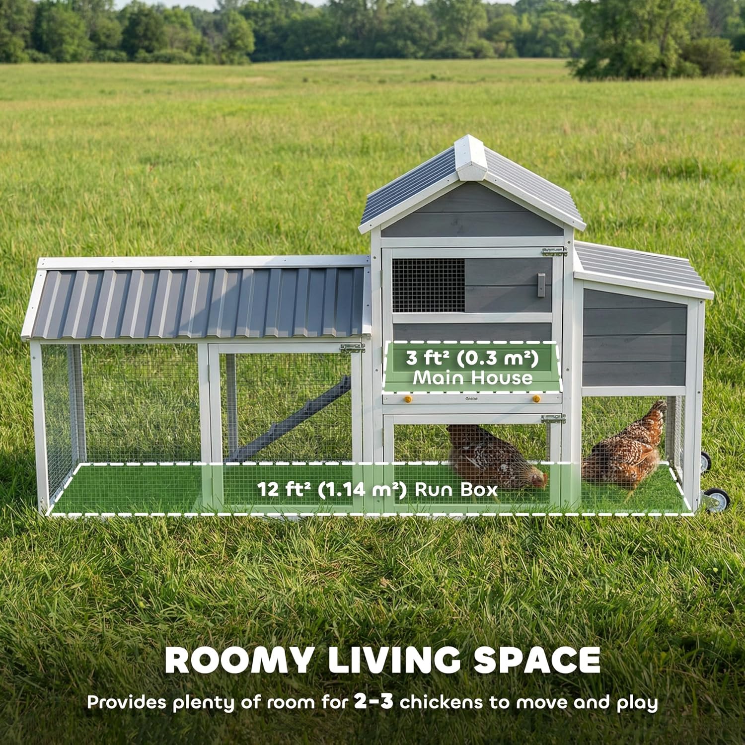 PawHut Chicken Coop with Wheels, 80" L Mobile Hen House with Run, Outdoor Wooden Chicken House with Nesting Box, Removable Tray, Ramp, Poultry Cage for 2-3 Hens, Gray