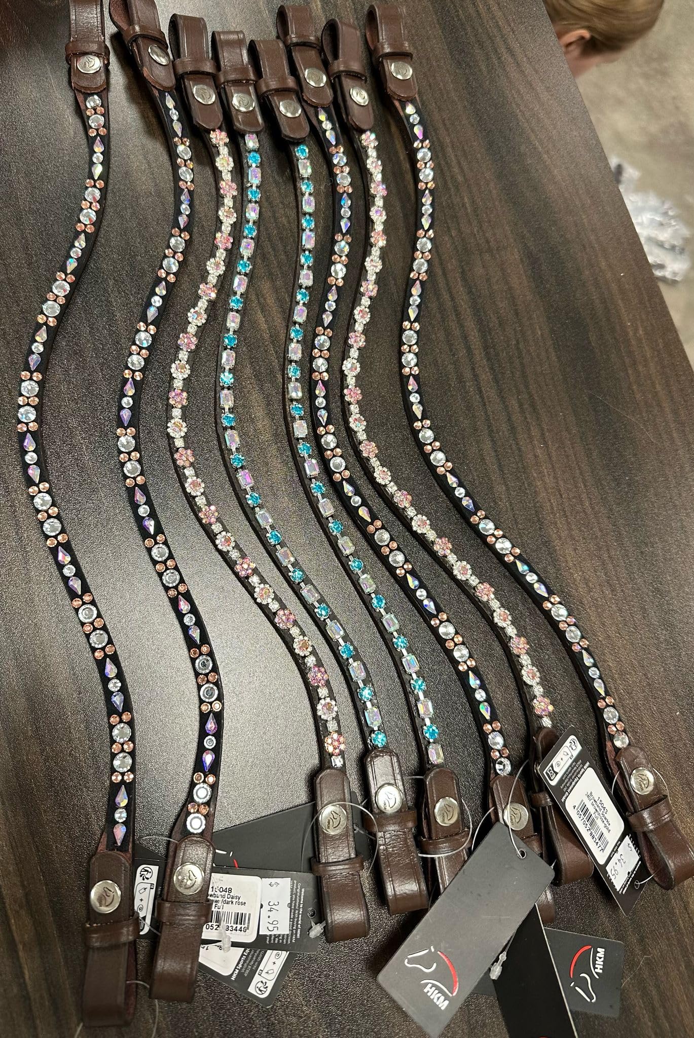 HKM Crystal Browband with Aquamarine Stones, Full Size, Havana Leather, Interchangeable Design