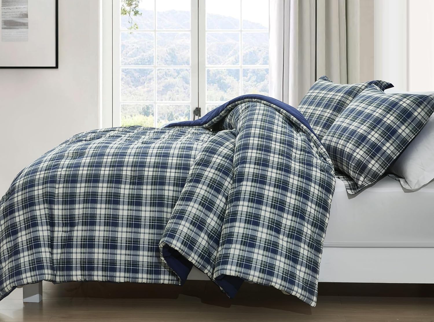 Chezmoi Collection Chad 3-Piece Full Size Washed Cotton Plaid Comforter Set - Blue Green Light Beige Plaid Printed Bedding Set Reversible Lightweight Comforter for All Season Blue Green Plaid Full