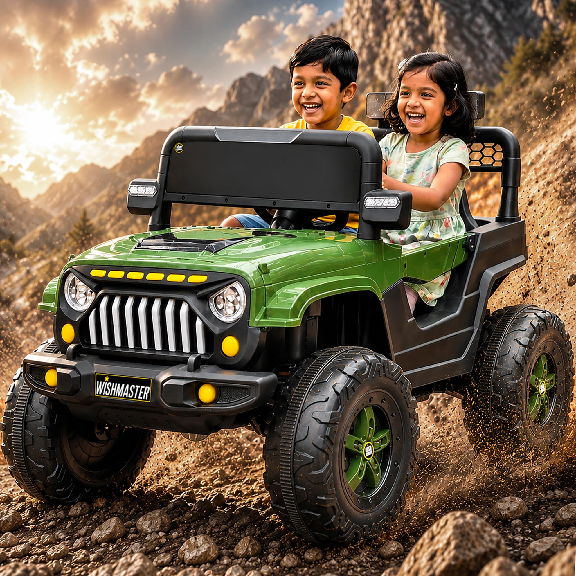 Wishmaster Army Green 4x2 Electric Ride-On Jeep for Kids – Big Wheels, Sinlge Seat, Music & LED Lights | Off-Road Adventure Car