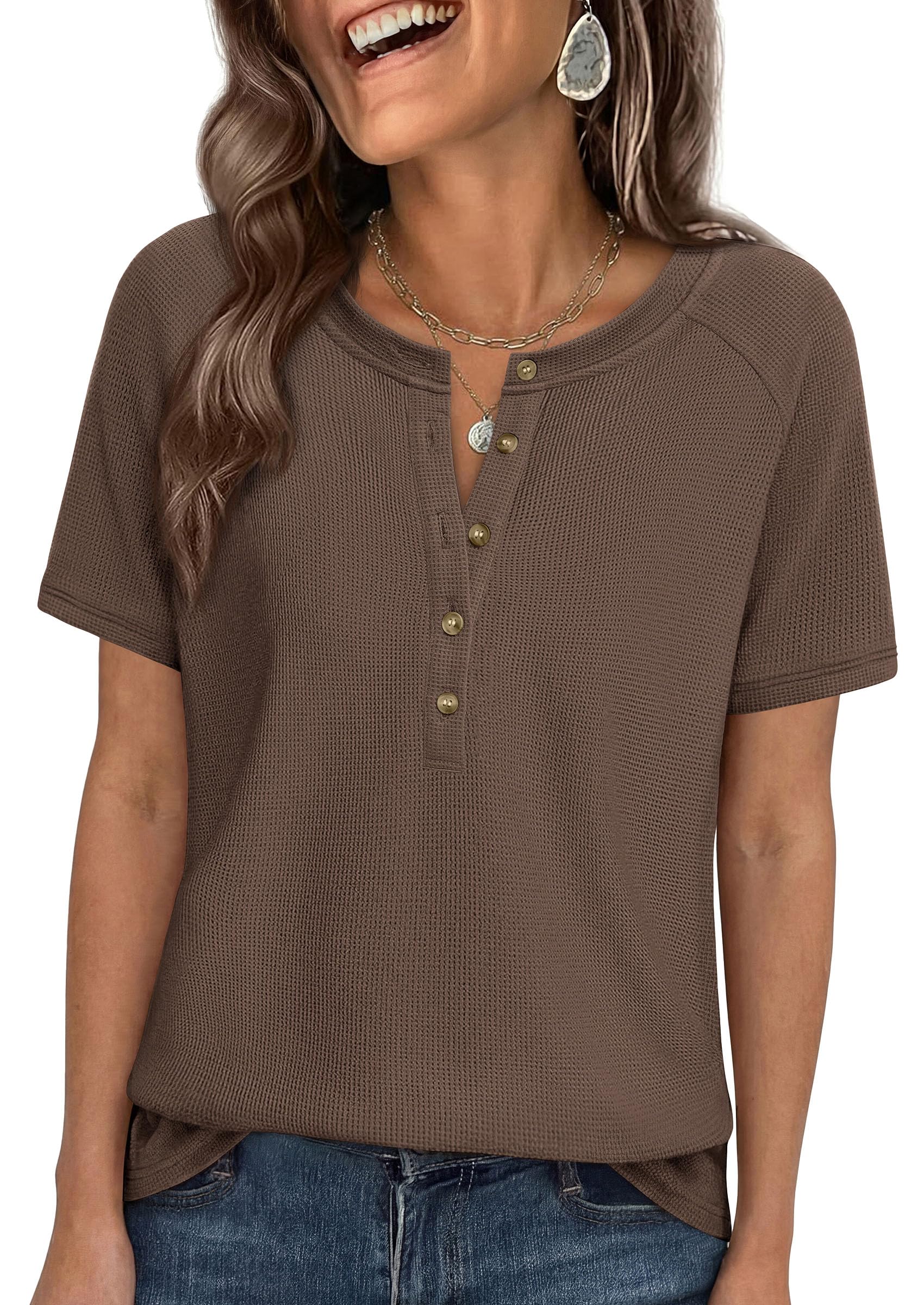 PRETTYGARDEN Waffle Knit Tops for Women Short Sleeve Henley Shirts 2026 Summer Blouses Dressy Casual Spring Fashion Clothes — view 16