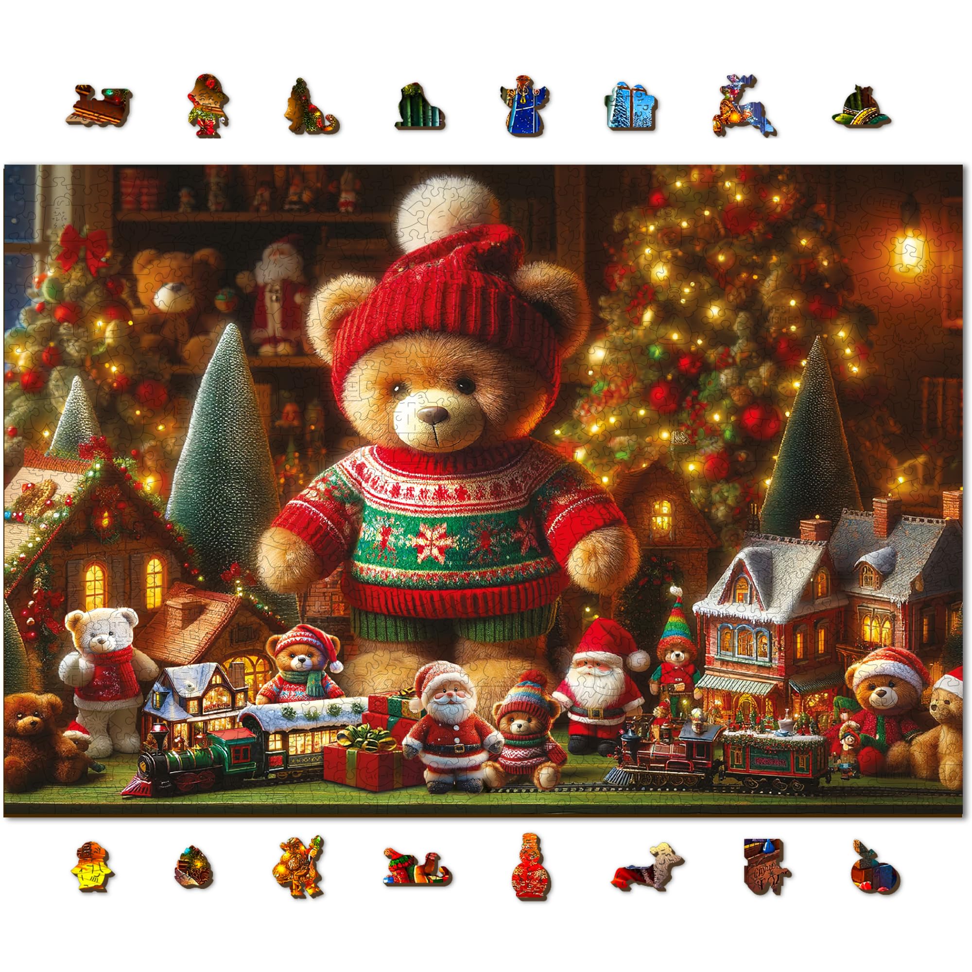 WOODEN.CITY Drewniane puzzle bożonarodzeniowe, 1000 elementów, świąteczny miś, ze 100 unikalnymi figurkami o tematyce świątecznej, wyprodukowano w UE, idealne do rodzinnej zabawy i świątecznego