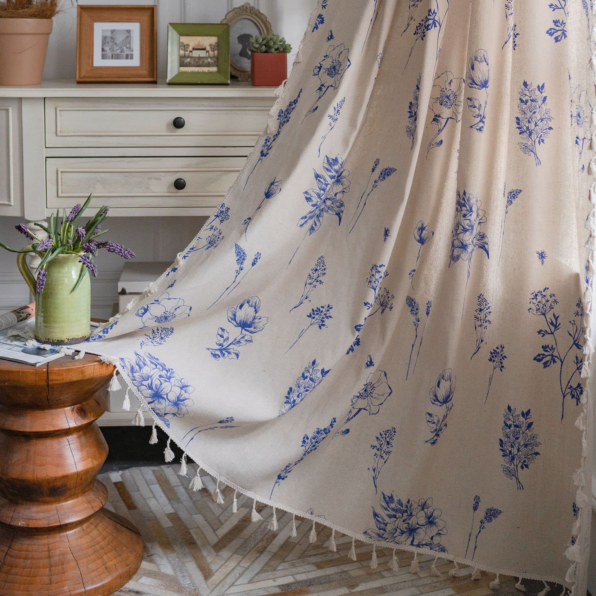 Plancholo Boho Curtain 94 Inch Length Blue Floral Print Farmhouse Semi Sheer Drape with Tassels Cotton Linen Rod Pocket Window Treatment for Living Room Bedroom (1 Panel, 59" W x 94" L)