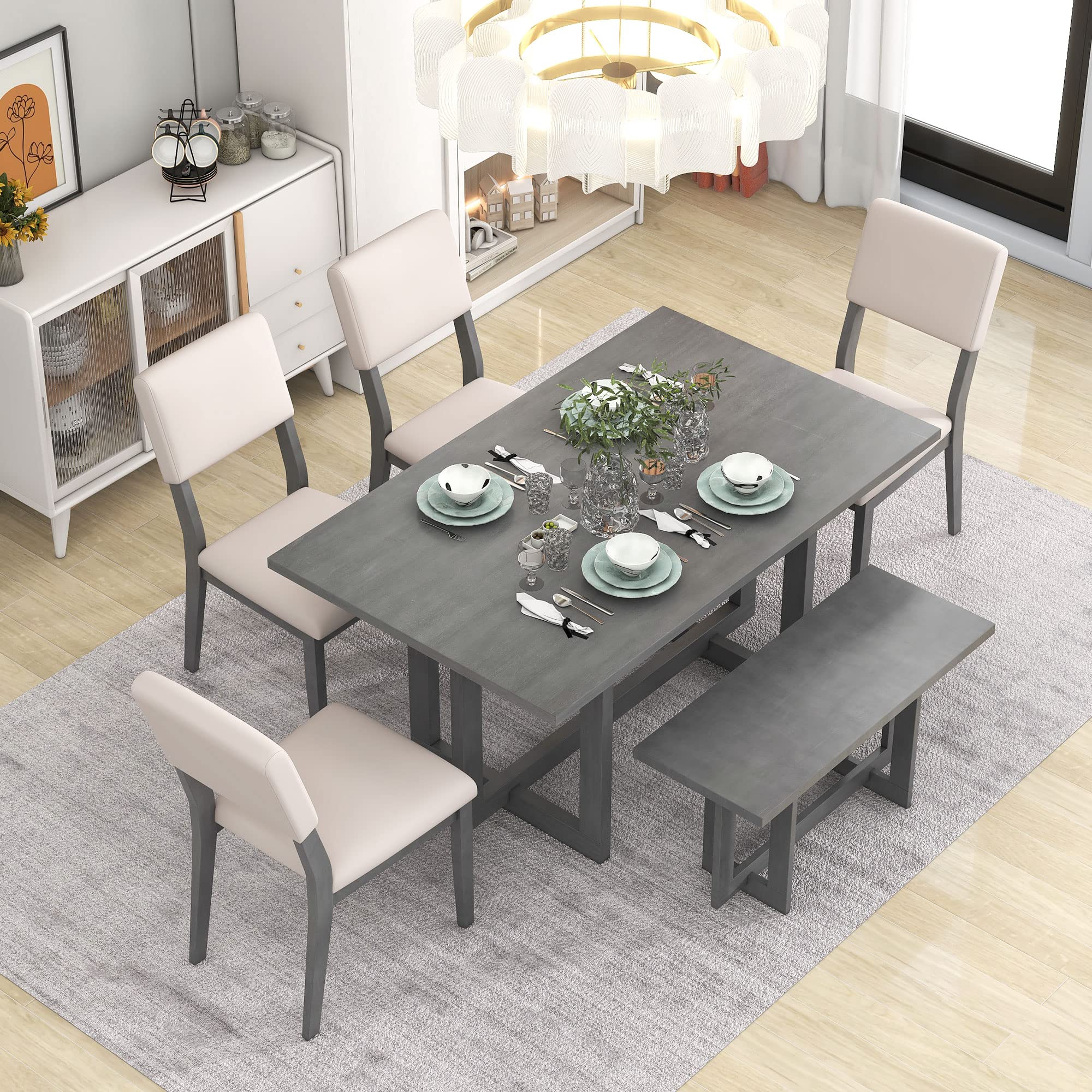 HAWWHOME Piece Wood H-Shaped Support Design, Dining Room Set with 4 Upholstered Wooden Bench, Kitchen Table and Chairs for 6,Gray incomplete 