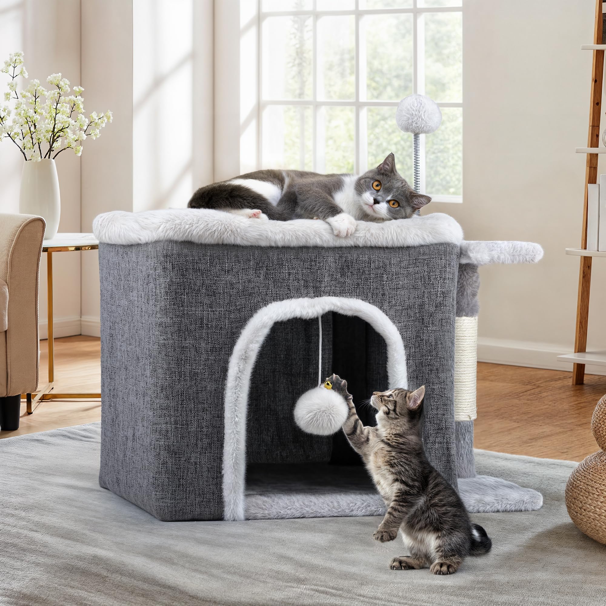 YITAHOME Indoor Cat House, Foldable Cat Cave, 47 L x 40 W x 32 H cm Large Pet Beds with Scratching Board and Play Ball Cave Cat Barrel for Medium Large Pets