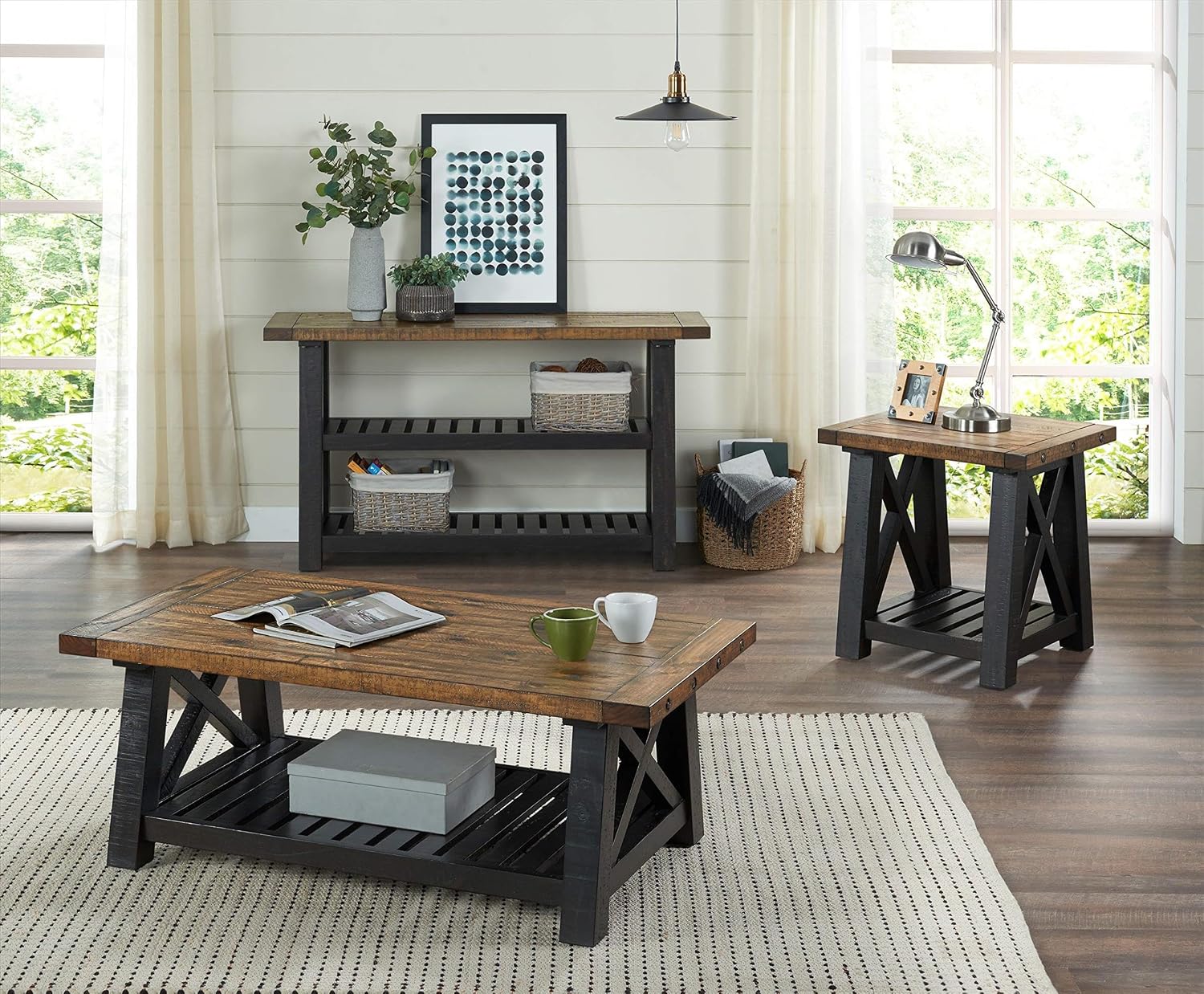 BOWERY HILL 50" Solid Wood Coffee Table, Black Stain and Natural Finish, New Zealand Pine Construction, Industrial Rustic Style with X-Framed Legs and Bottom Shelf, Living or Family Room Furniture
