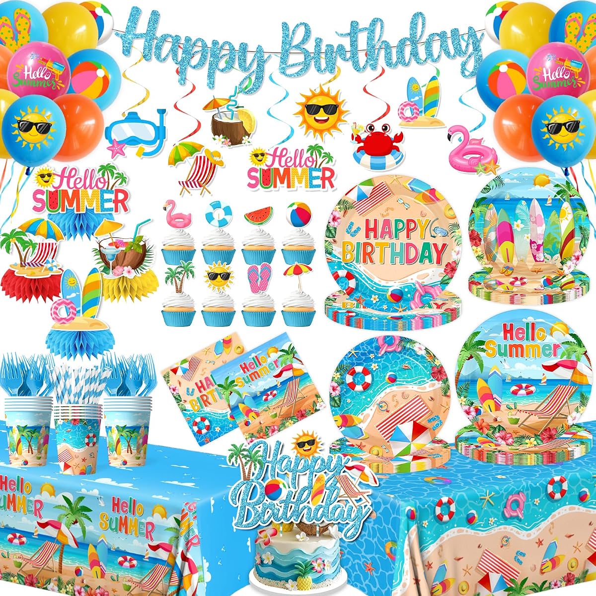Decoraciones de cumpleaños en la playa Vajilla para fiesta de verano, platos de papel desechables, servilletas, mantel, vasos, globo, adorno para pastel, pancarta para suministros de fiesta de cumpleaños con temática de piscina de verano hawaiana, 24 porciones