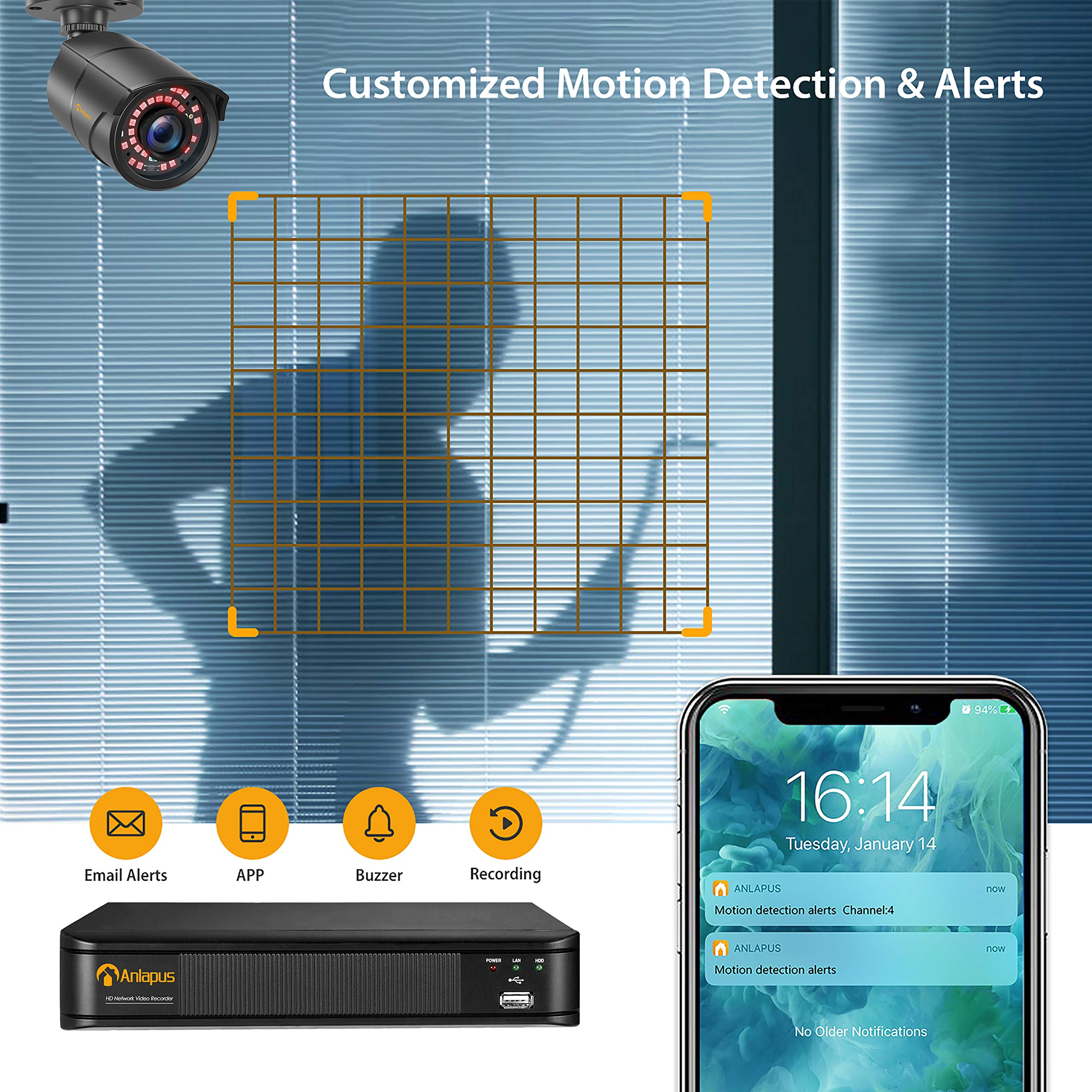 Anlapus PoE Kit Sistema de Cámara de Vigilancia Seguridad 4pcs Cámara PoE IP Exterior con 8CH 5MP H.265+ Videograbador NVR, Visión Nocturna, Alarma de Movimiento, 1TB Disco Duro