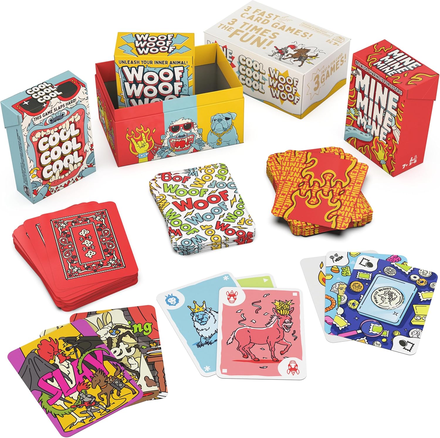 Spin Master Games, Family Card Games 3 Pack: Cool Cool Cool, Woof Woof Woof & Mine Mine Mine, Family Game Night, 2-8 Players, for Ages 7 & Up