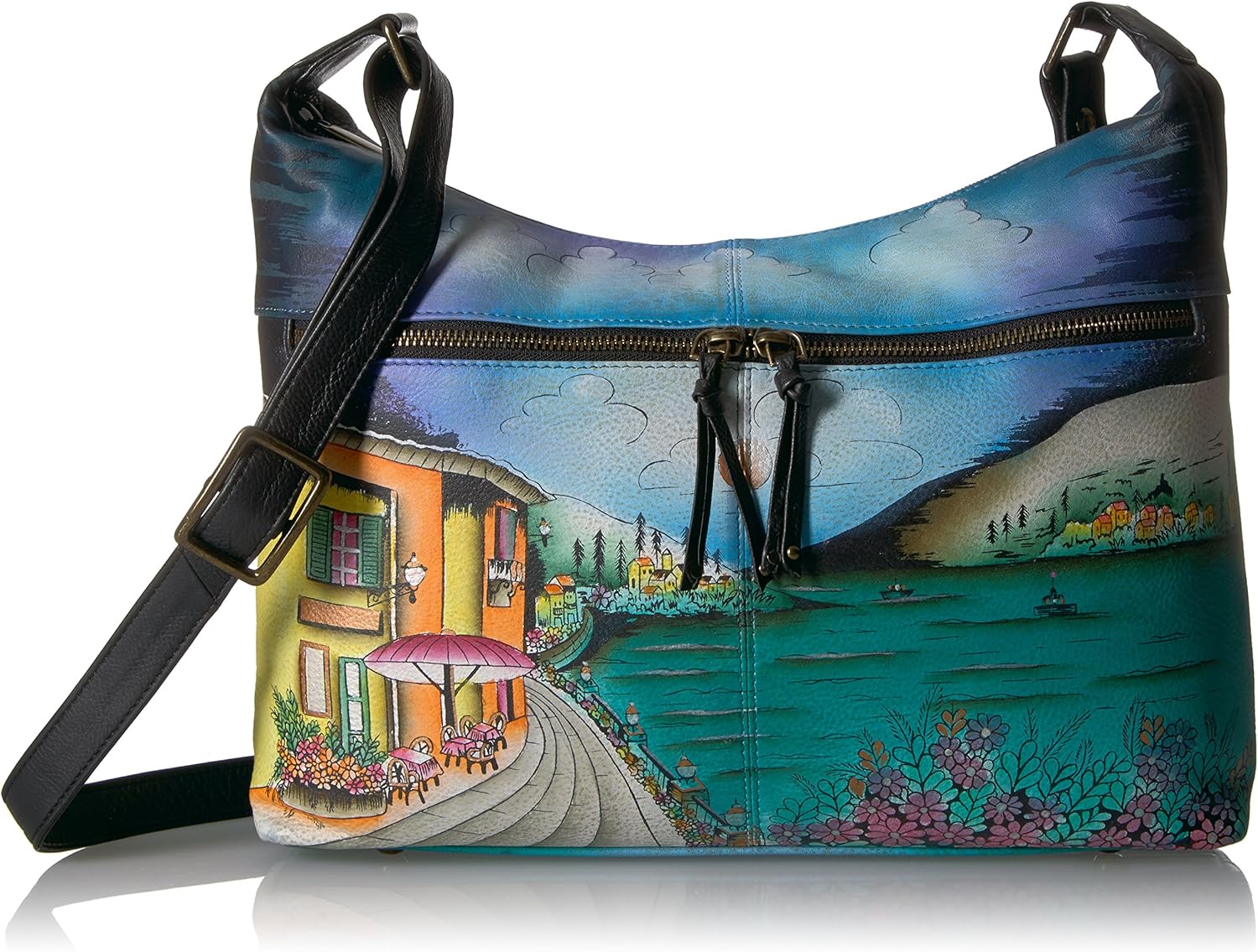 Anna by Anuschka Women's Genuine Leather Medium Shoulder Hobo | Zip-Top Organizer with Side-Zip Pockets | Moon Lit Capri