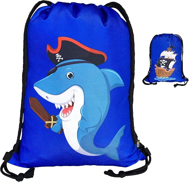 HECKBO kids pirate shark gym drawstring bag - 40x32cm - 12.6" x 15.8" - string bag - kindergarten daycare crèche school football - children kids girl boy backpack, sports bag, fabric bag