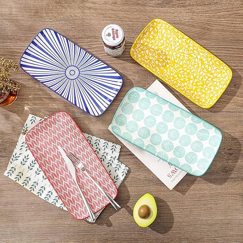 Miniatura 10 de Selamica Juego de 4 platos de ensalada rectangulares de cerámica, platos de postre de 9.4 pulgadas para entretenimiento en fiestas, platos pequeños