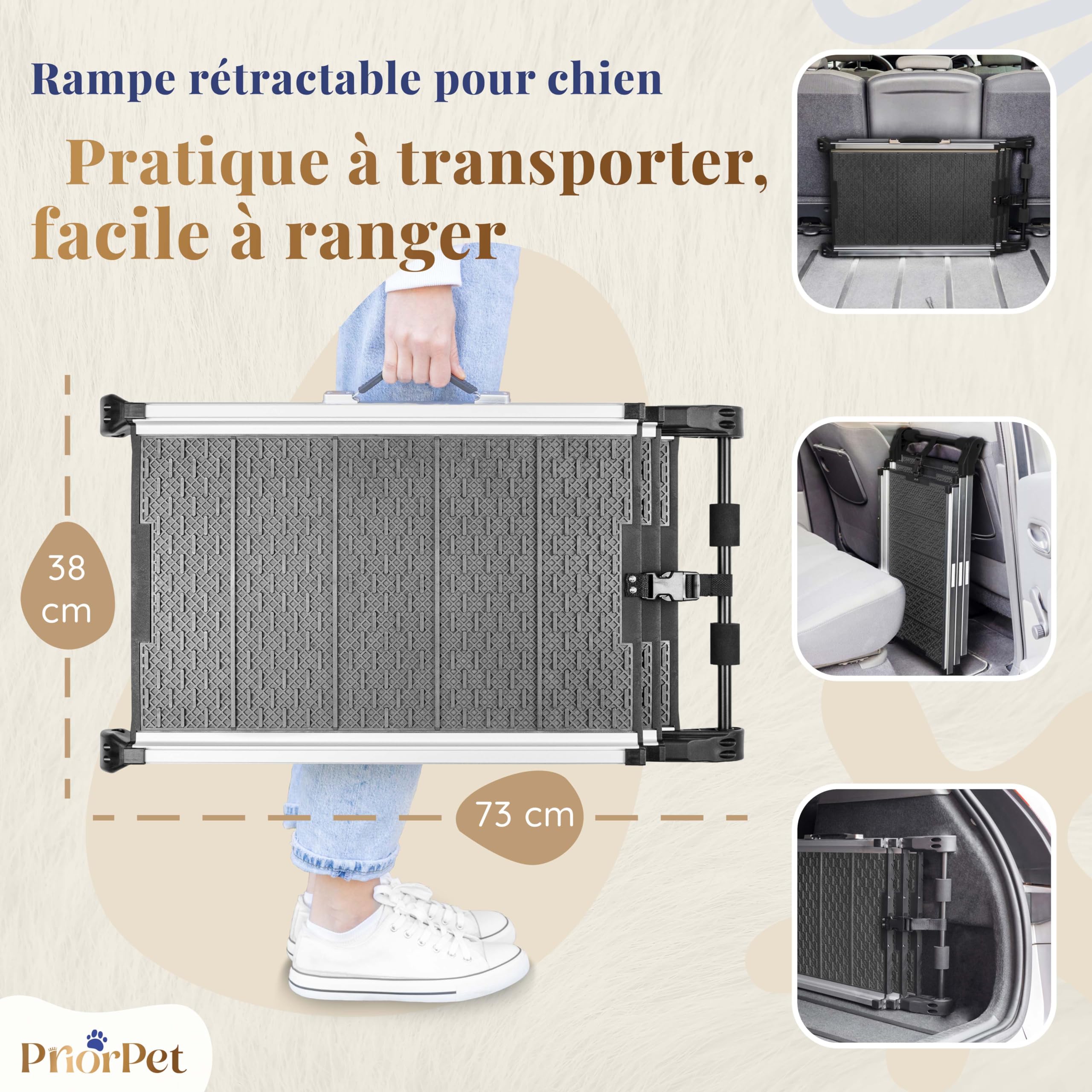 Rampe pour Chien Voiture, SUV - Rampe télescopique Extensible pour Grands Chiens - Stable - Antidérapante - Bordures réfléchissantes pour la sécurité de Nuit - Capacité 90kg - Clip de Fixation Gris