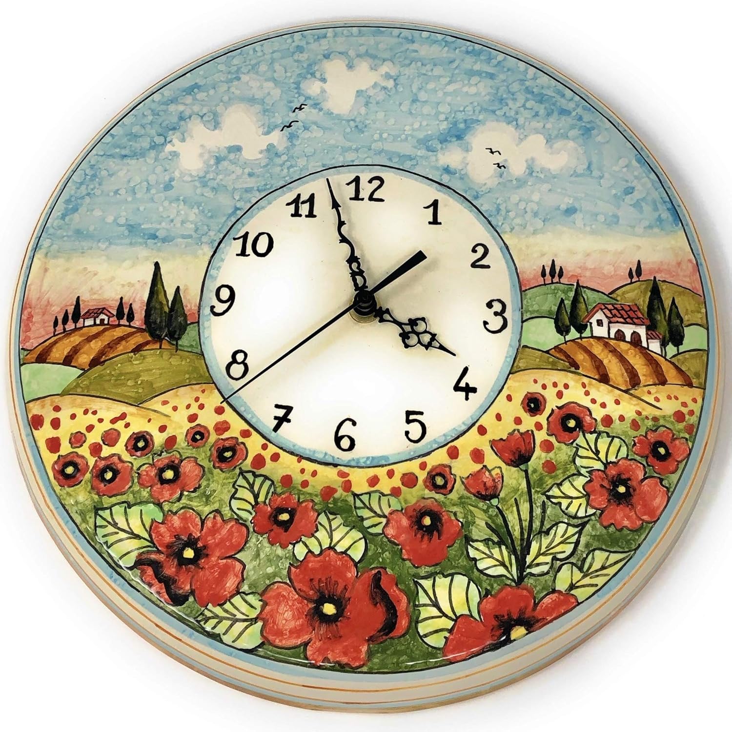 CERAMICHE D'ARTE PARRINI - Italian Ceramic Wall Clock Decorated Landscape Poppies Hand Painted Made in Italy Tuscan Art Pottery
