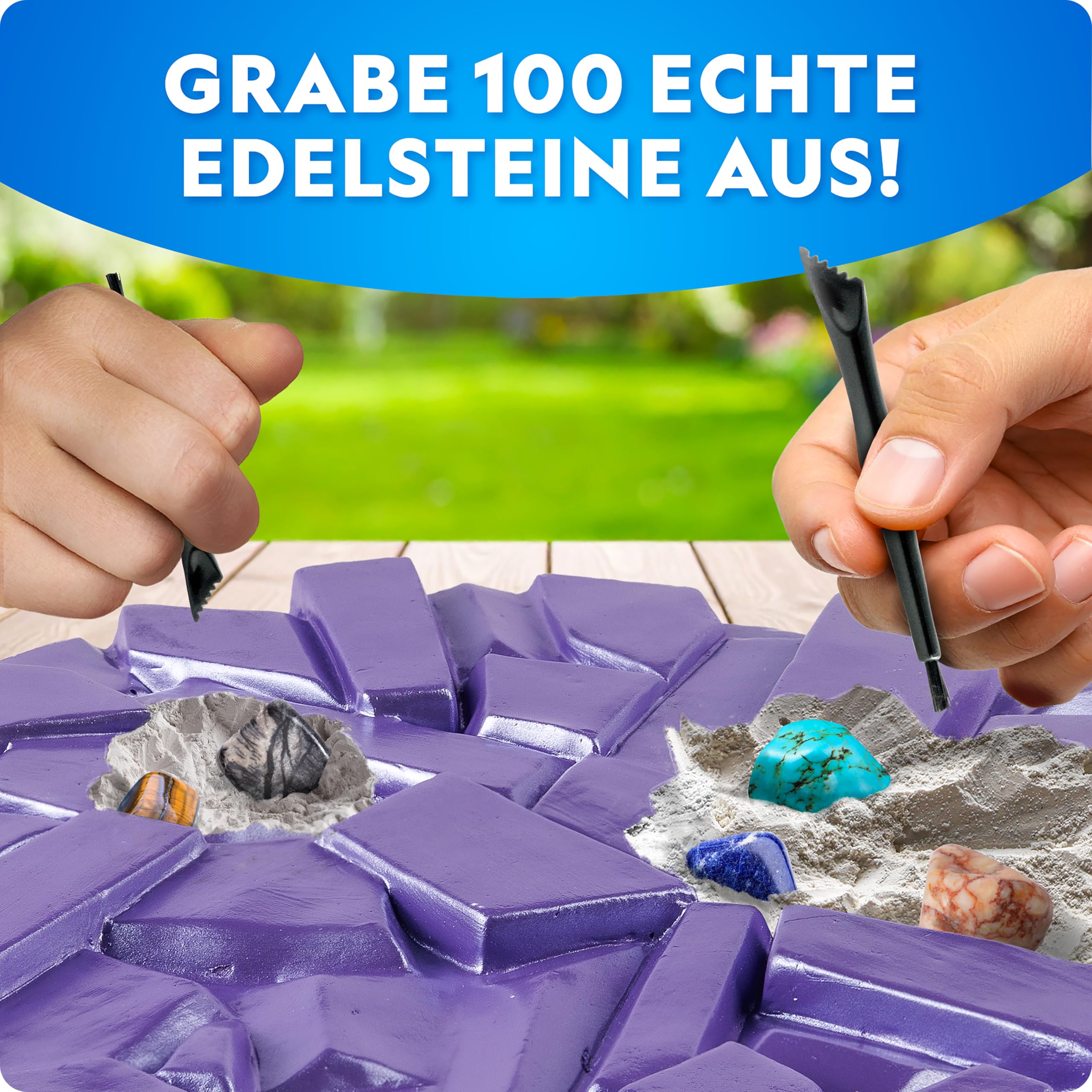 NATIONAL Geographic Riesiges Edelstein-Ausgrabungsset – 100 echte Edelsteine aus einem XXL-Ausgrabungsblock, Geologie-Set für Kinder, Mint-Aktivität mit Werkzeugen & Lernmaterial | Riesiger Grabstein, Amethystquarz und Tigerauge, Edelstein-Bergbau-Aktivit